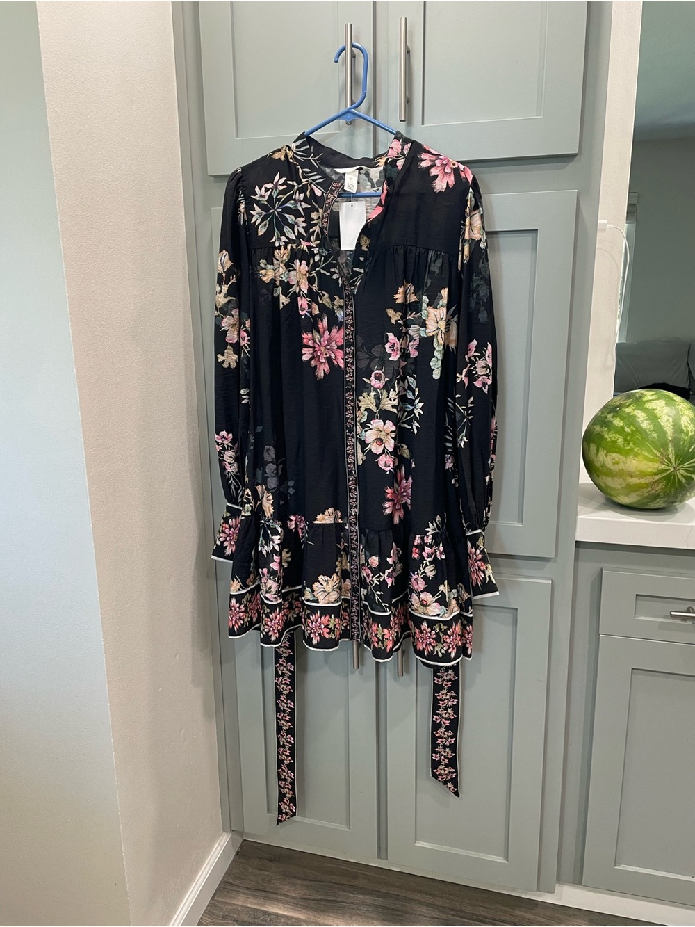 H&M Black Floral Mini Dress with Pink & Cream Blossoms